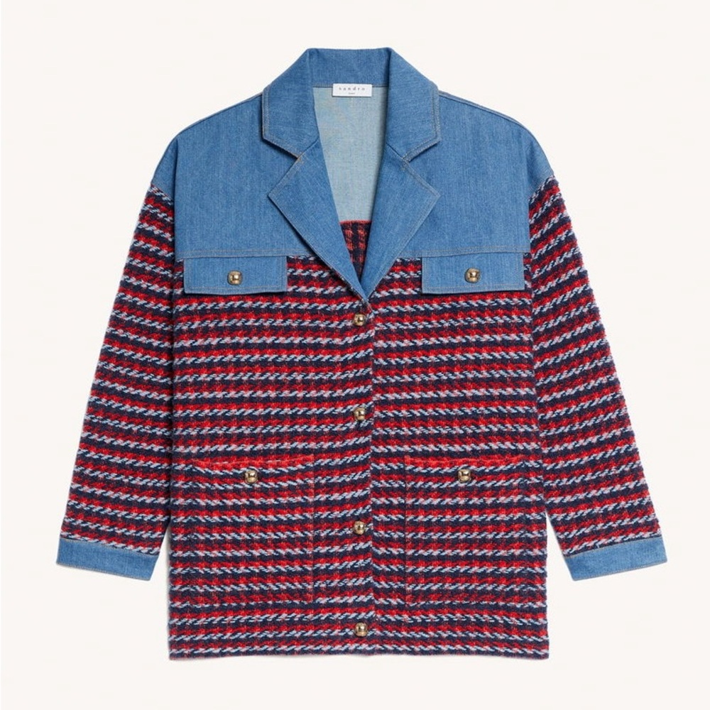 Sandro Blue Denim and Red Tweed Mixed-Media Jacket